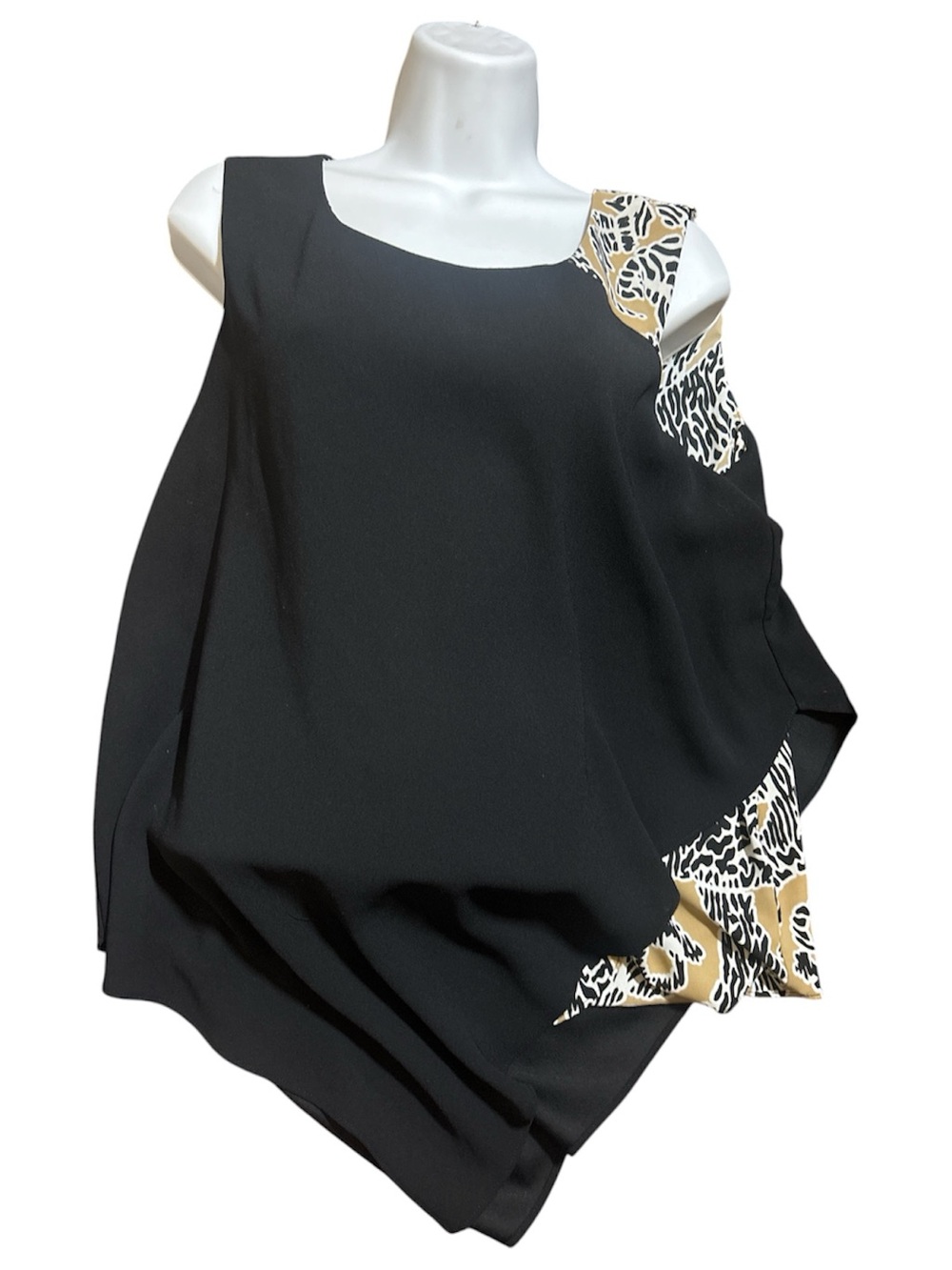 Alfani Asymmetric Sleeveless Tunic Top Size 12 Black Animal Print Mixed Media